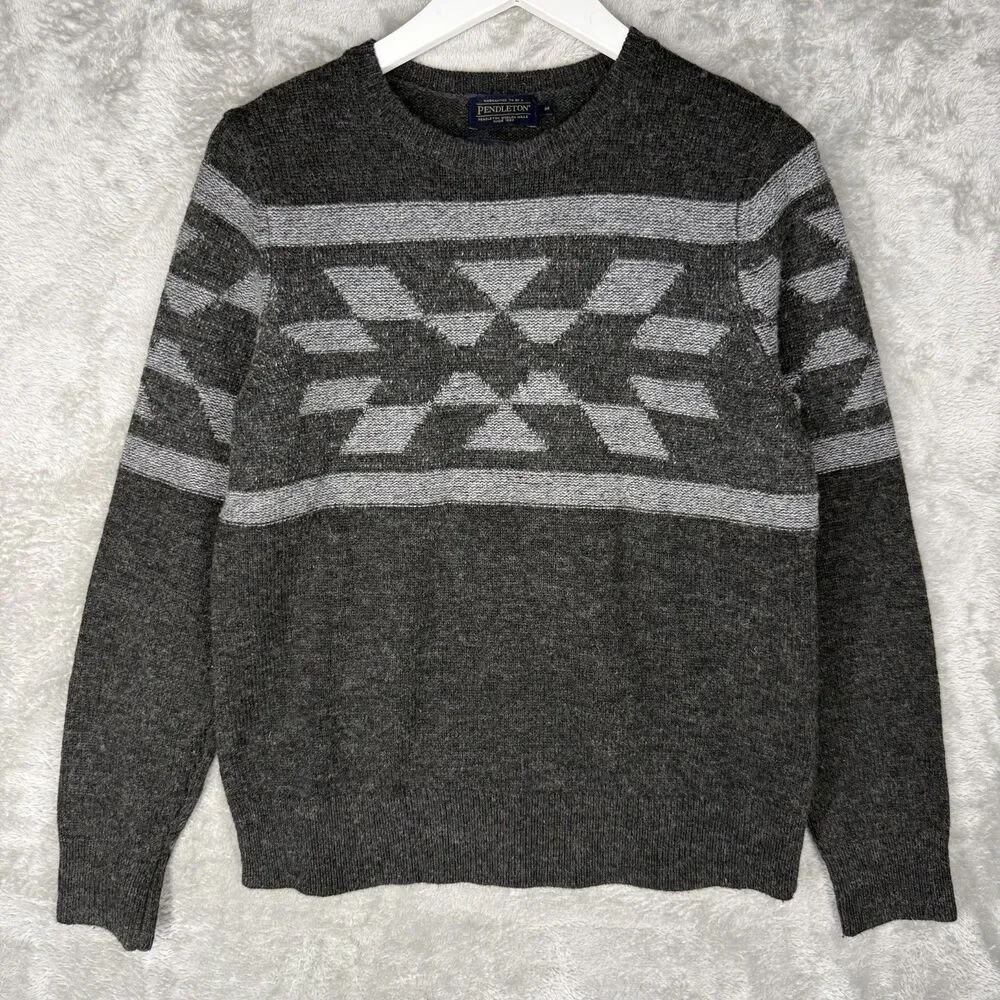 Pendleton Sweater Mens Medium Washable Wool Gray Aztec Patterned Pullover Crew